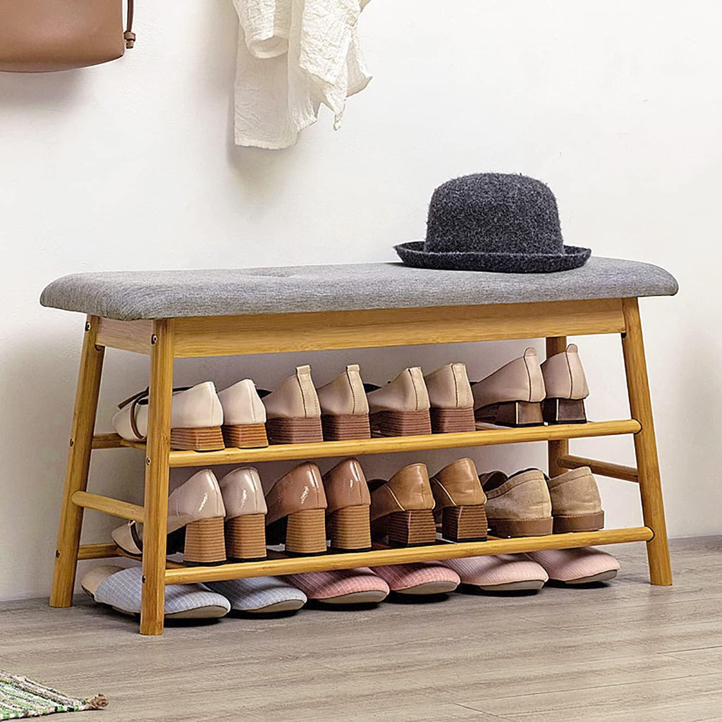 Multi-Tier Bamboo Shoe Storage Bench with Cushioned Seat (90cm)