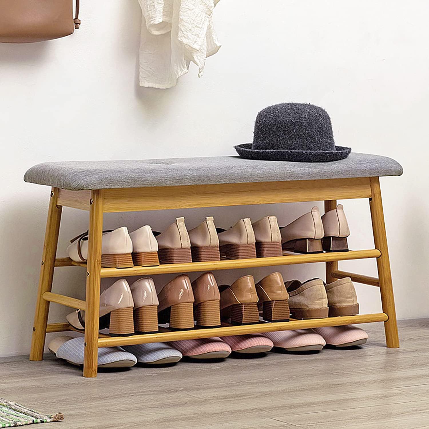 Multi-Tier Bamboo Shoe Storage Bench with Cushioned Seat (90cm)