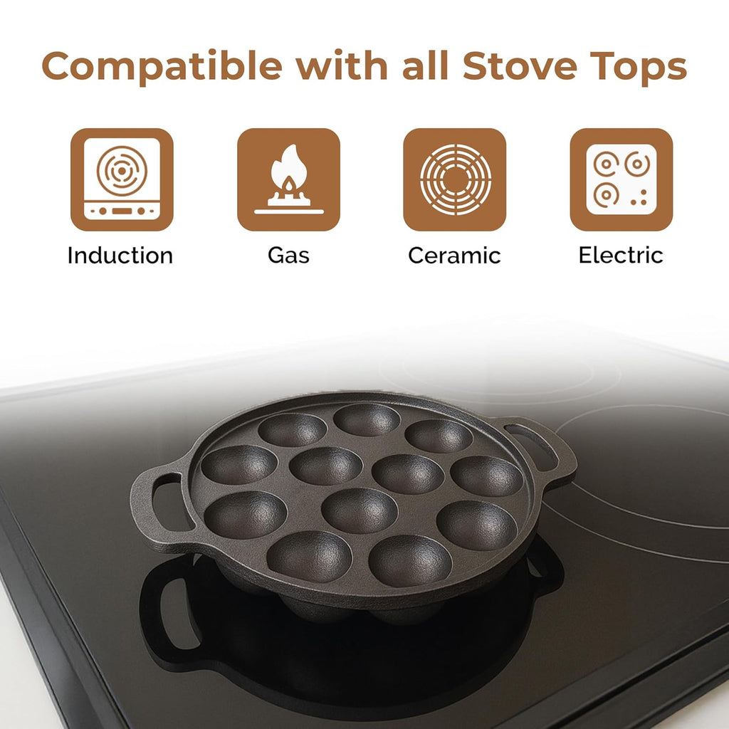 HomeEssentials 12-Cup Cast Iron Paniyaram Pan (26cm)