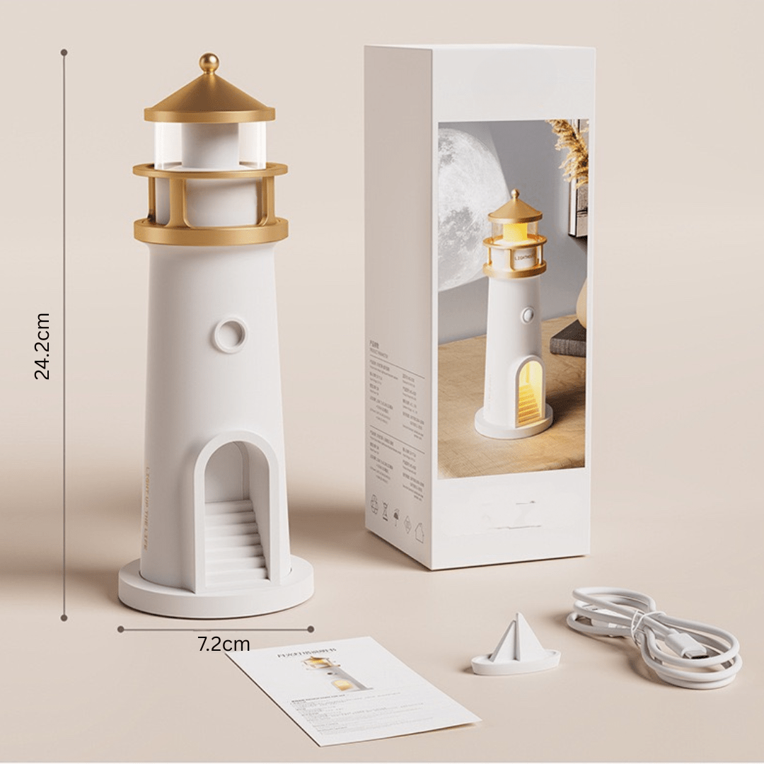 Moon Lamp Lighthouse Night Lights with Full Moon Projector Cordless with Rechargeable Charging