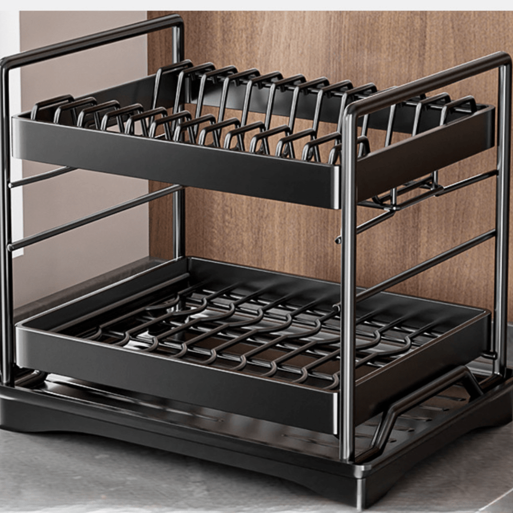 Multifunctional Carbon Steel Double Layer Dish Storage Rack with Cutlery Holder(40cm)