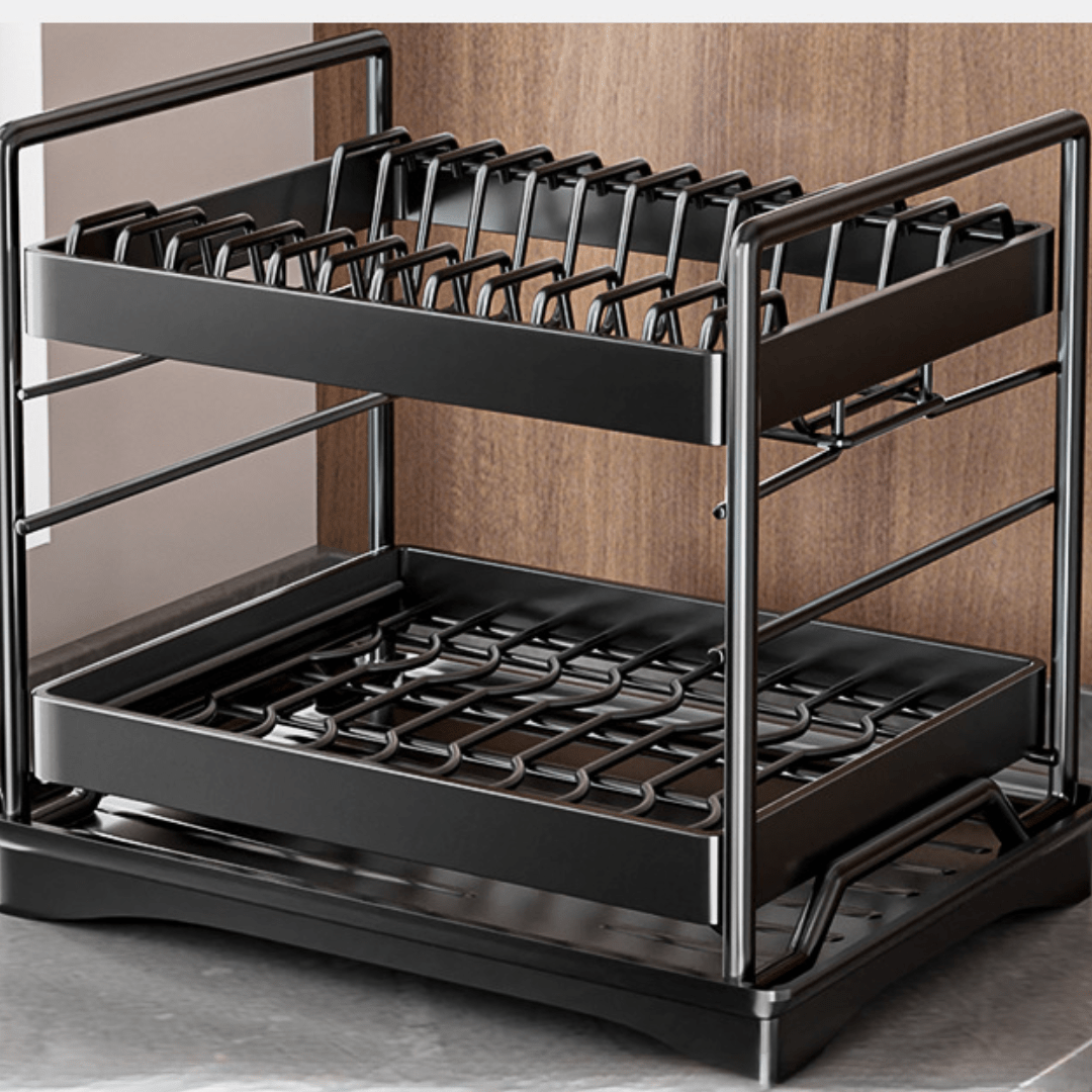 Multifunctional Carbon Steel Double Layer Dish Storage Rack with Cutlery Holder(40cm)