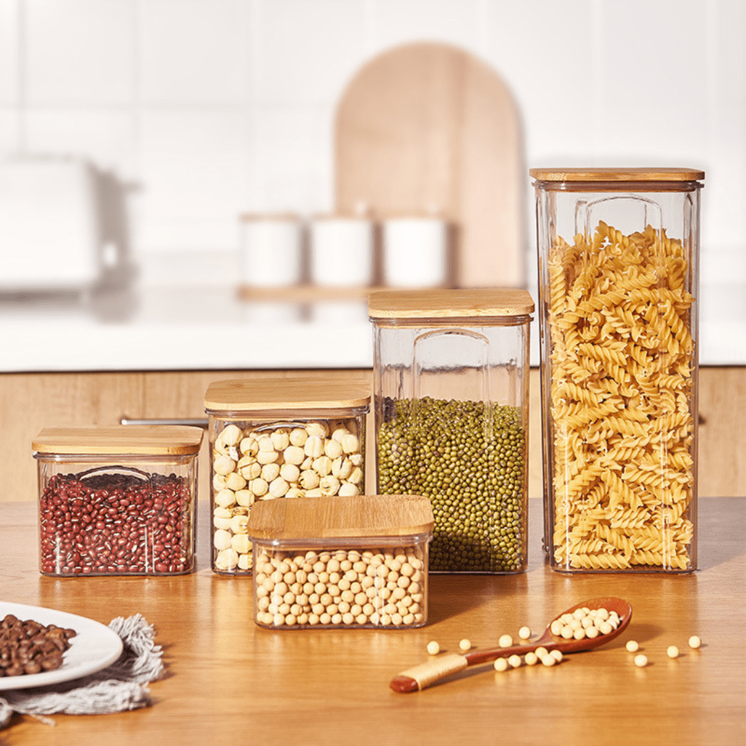 Multi-Purpose Transparent Food Storage Containers with Wooden Lid