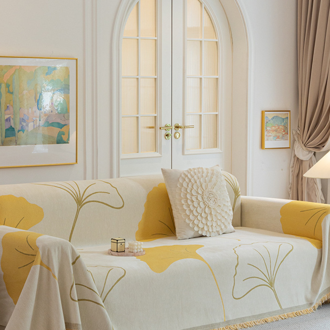 Ginkgo Leaf Print Yellow Elegance Chenille Sofa Cover