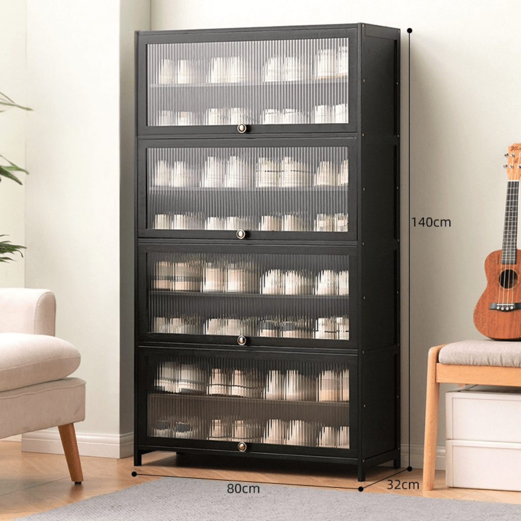 Multi-Tier Bamboo Shoe Rack with Transparent Flap Doors (Black-80cm)