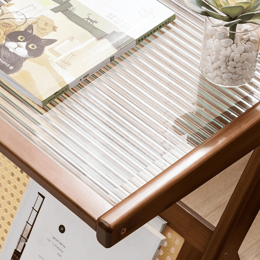 Modern Bamboo Side Table with Glass & Storage Shelf (Brown-55cm)