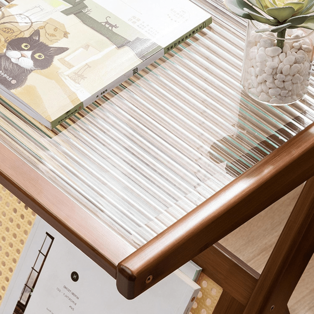 Modern Bamboo Side Table with Glass & Storage Shelf (Brown-55cm)