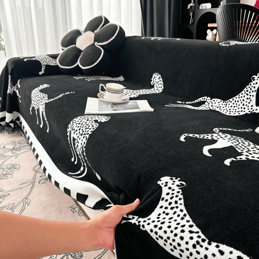 Leopard Print Black & White Elegance Chenille Sofa Cover