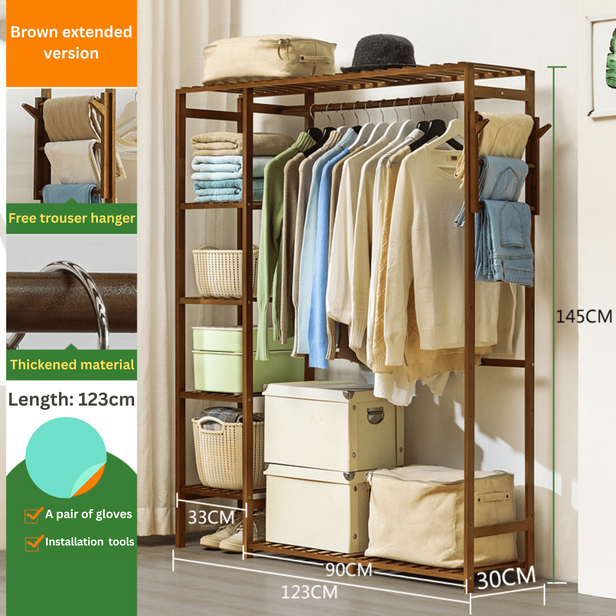 Multi-Functional Bamboo Clothes Rack with Hooks & Pants Storage (123cm)