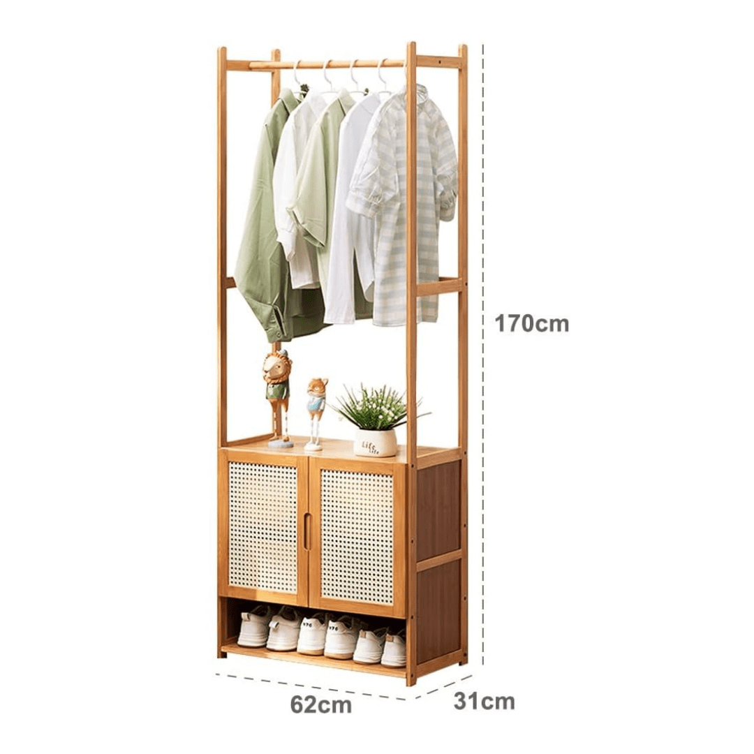 Multi-Purpose Bamboo Wood Clothing Rack Organizer with Shoe Rack (Brown-62cm)