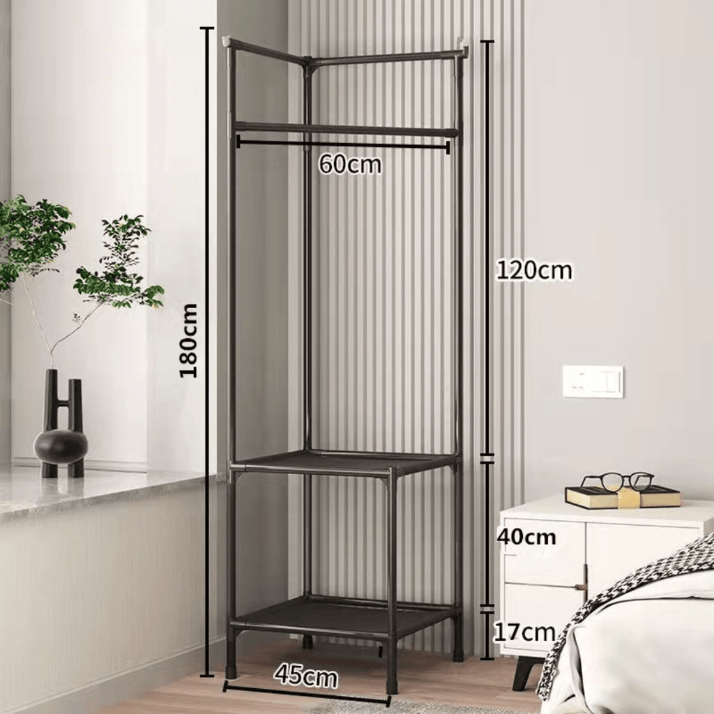 Multi-Functional Space Saving Corner Coat Rack with Shelf Storage