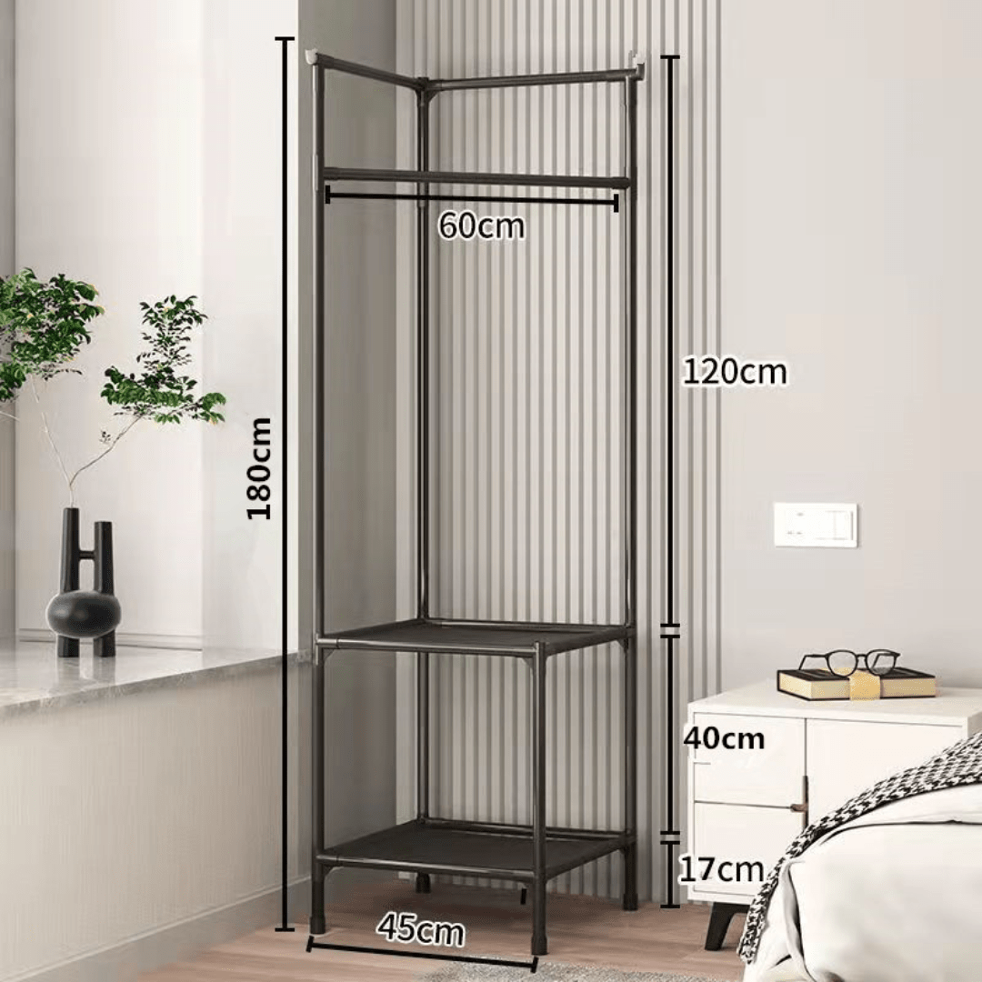 Multi-Functional Space Saving Corner Coat Rack with Shelf Storage