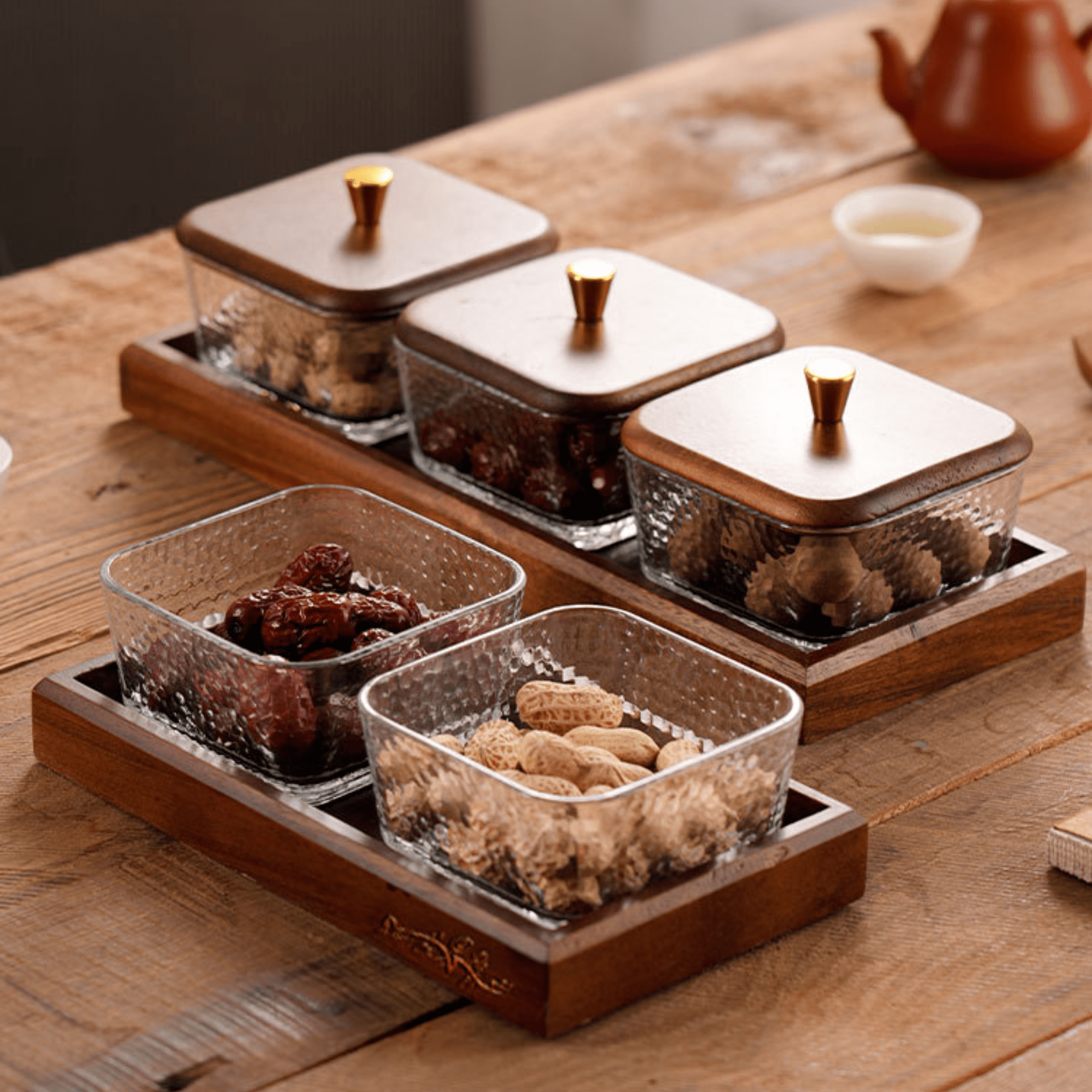 Multi-Compartment High-Borosilicate Glass Fruit and Nut Serving Tray Set