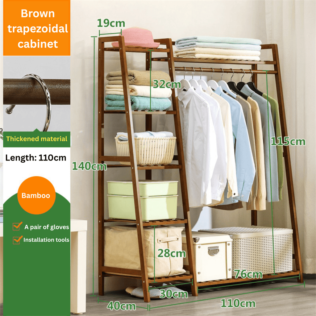 Multi-Functional Bamboo Clothing Rack with Shelves and Hanging Rod (110cm)