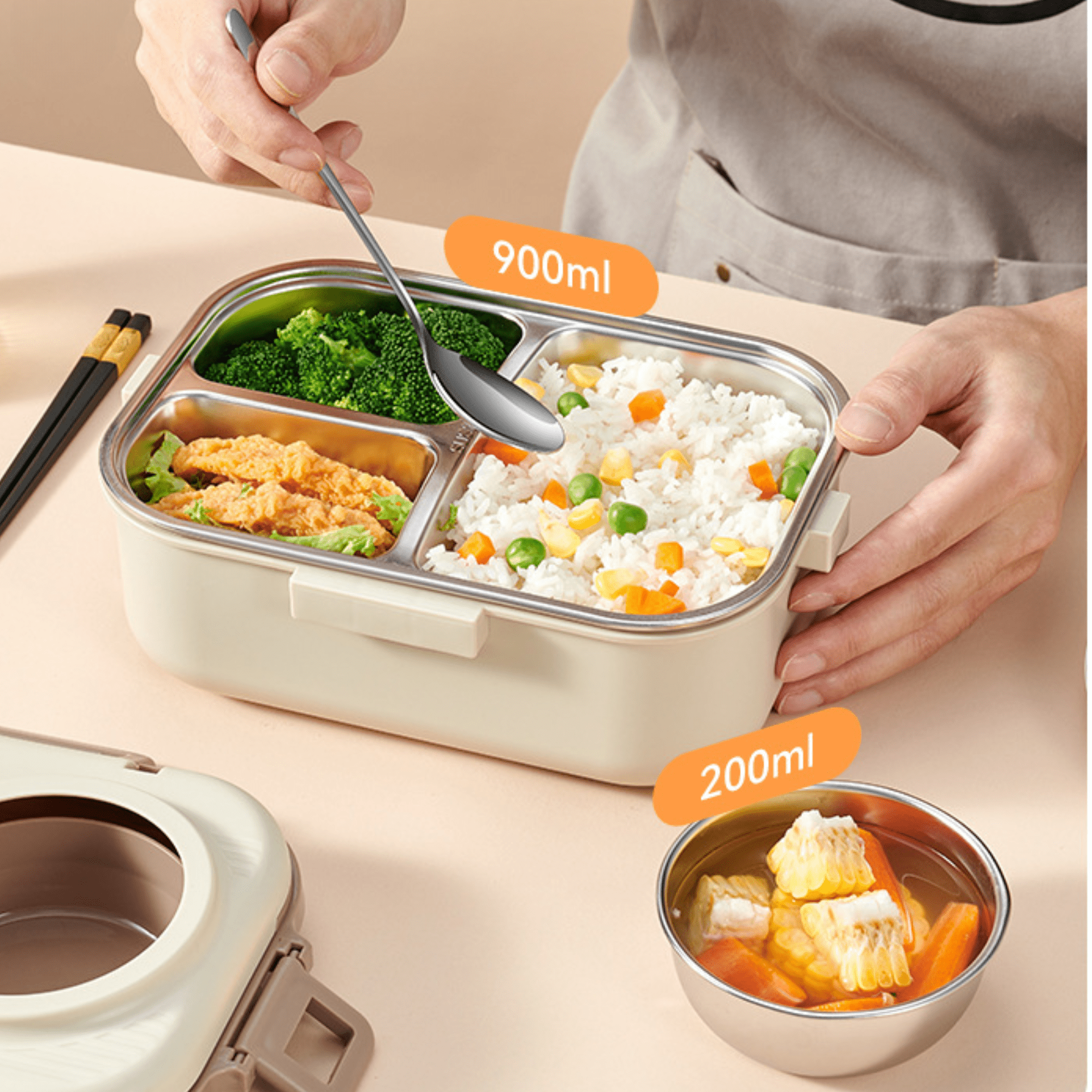 Multifunctional Electric 48W Heated Lunch Box with Leakproof Stainless Steel Liner(1.1Litre)
