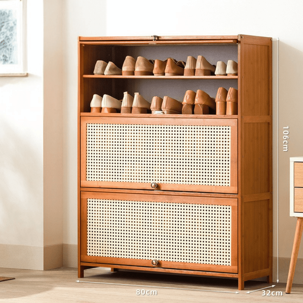 Multi-Tier Bamboo Wood Storage Shelf with Flip-Up Doors (80cm)