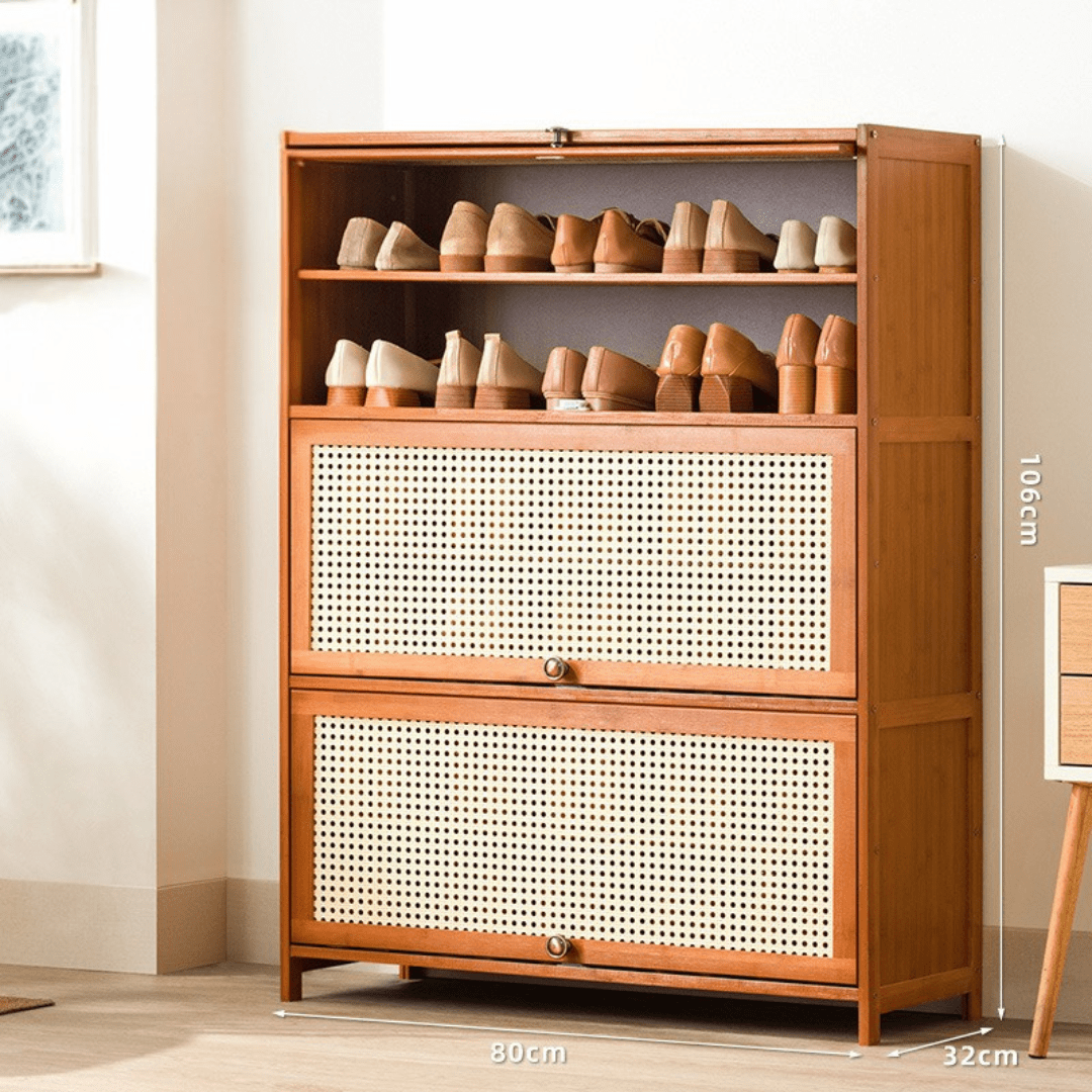 Multi-Tier Bamboo Wood Storage Shelf with Flip-Up Doors (80cm)