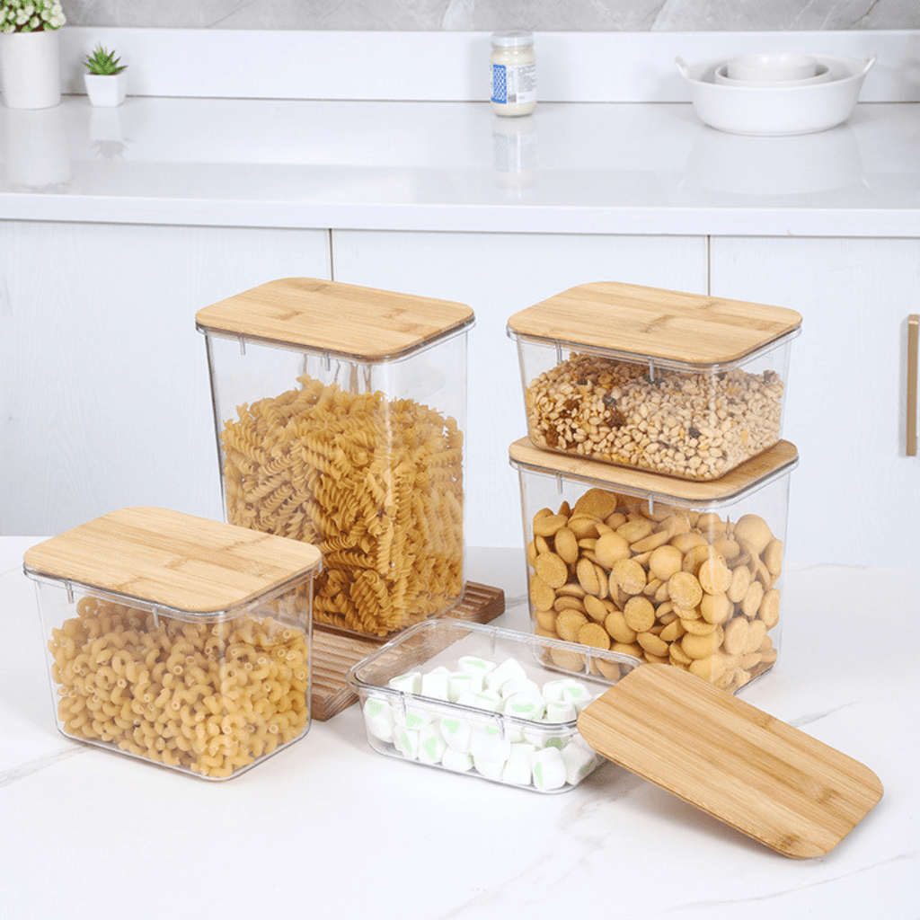 Multi-Purpose Transparent Food Storage Containers with Wooden Lid