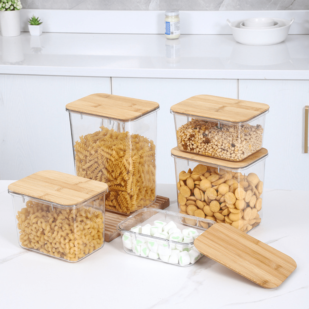 Multi-Purpose Transparent Food Storage Containers with Wooden Lid
