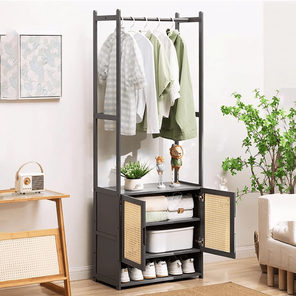 Multi-Purpose Bamboo Wood Clothing Rack Organizer with Shoe Rack (Black-62cm)