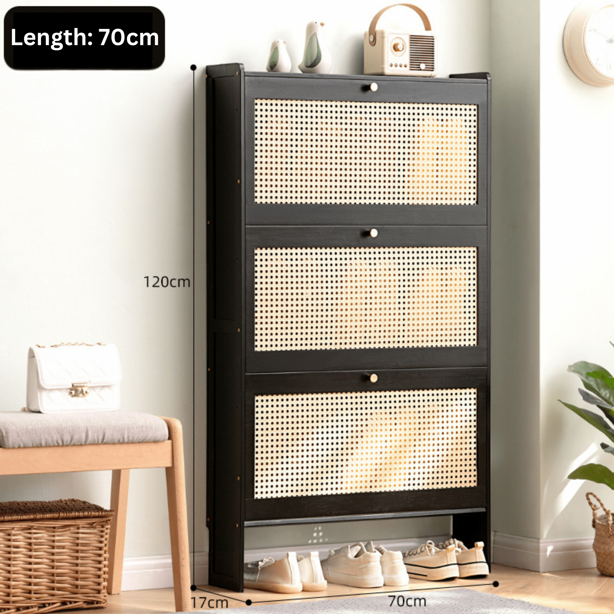 Multi-Layer Bamboo Wooden Shoe Organizer with Dustproof Doors (Black-70cm)