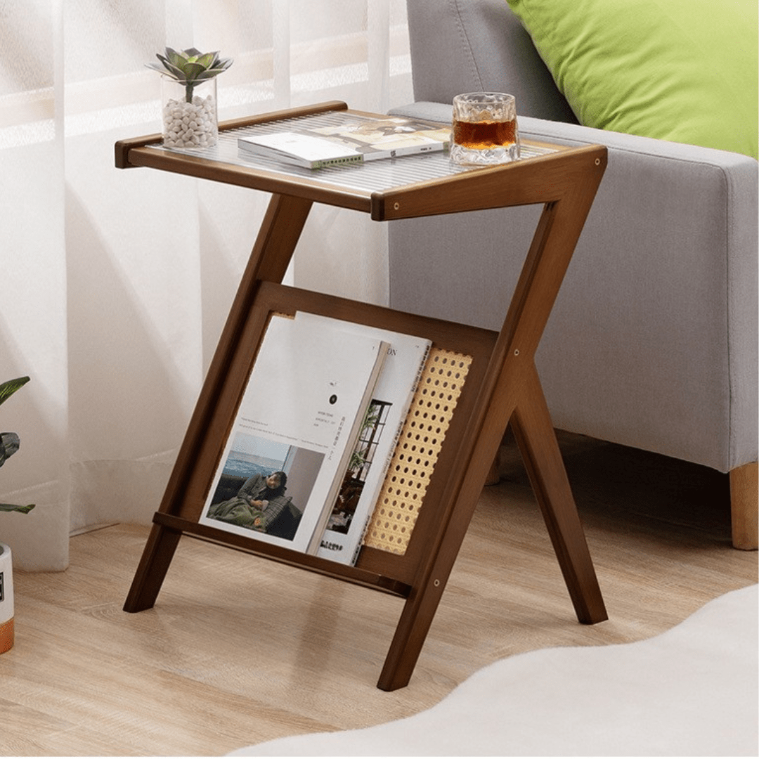 Modern Bamboo Side Table with Glass & Storage Shelf (Brown-55cm)