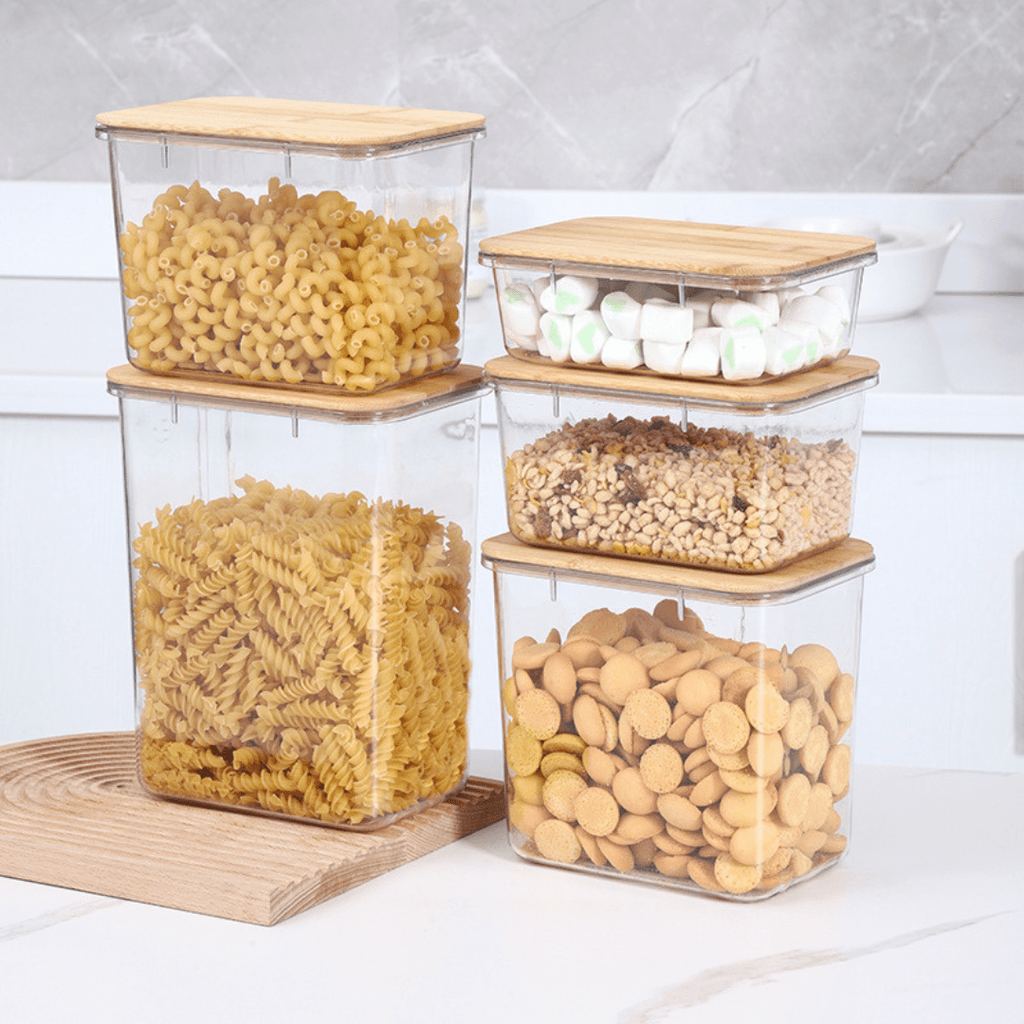 Multi-Purpose Transparent Food Storage Containers with Wooden Lid