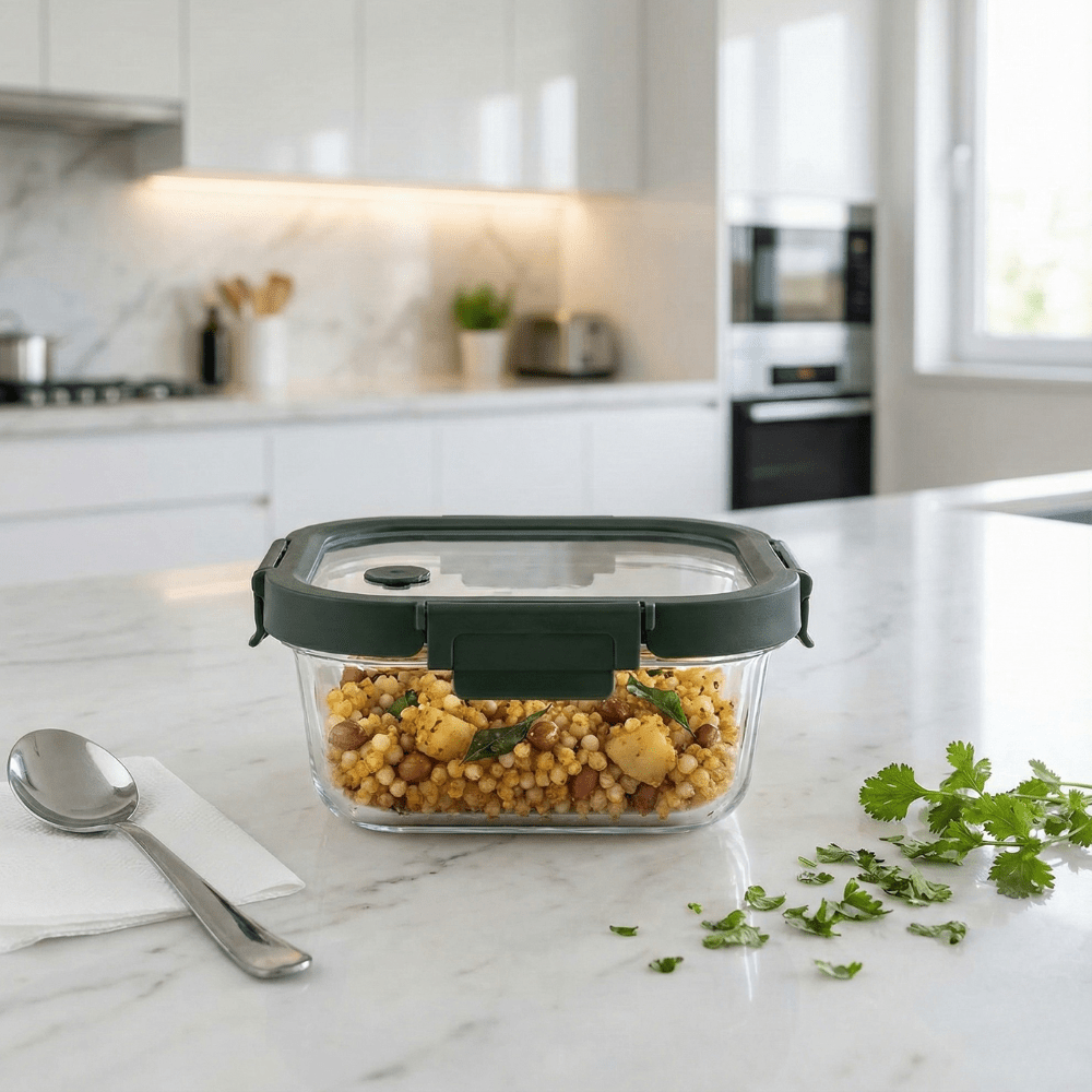 Square Borosilicate Glass Container with Vented Glass Lid (1100ML)