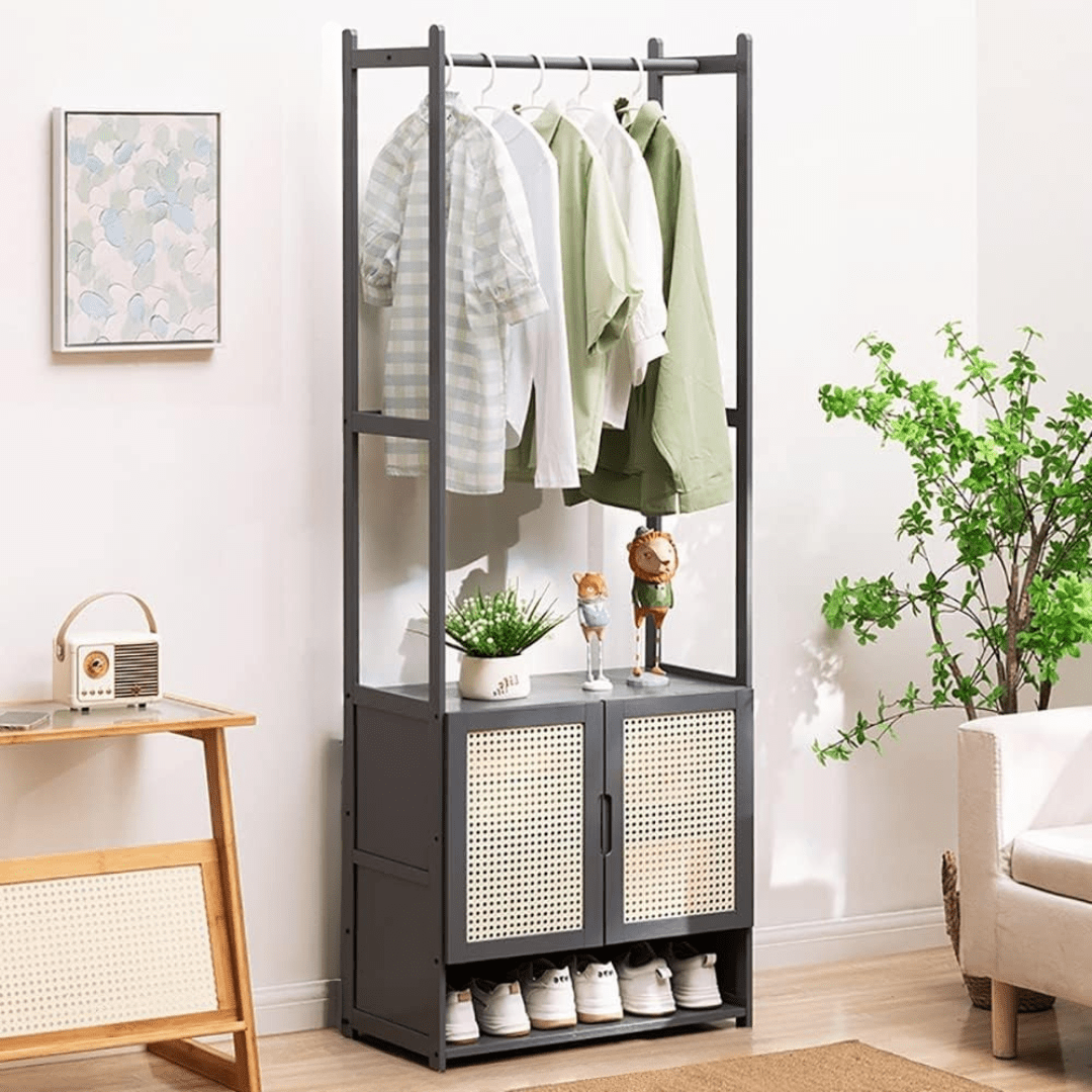 Multi-Purpose Bamboo Wood Clothing Rack Organizer with Shoe Rack (Black-62cm)