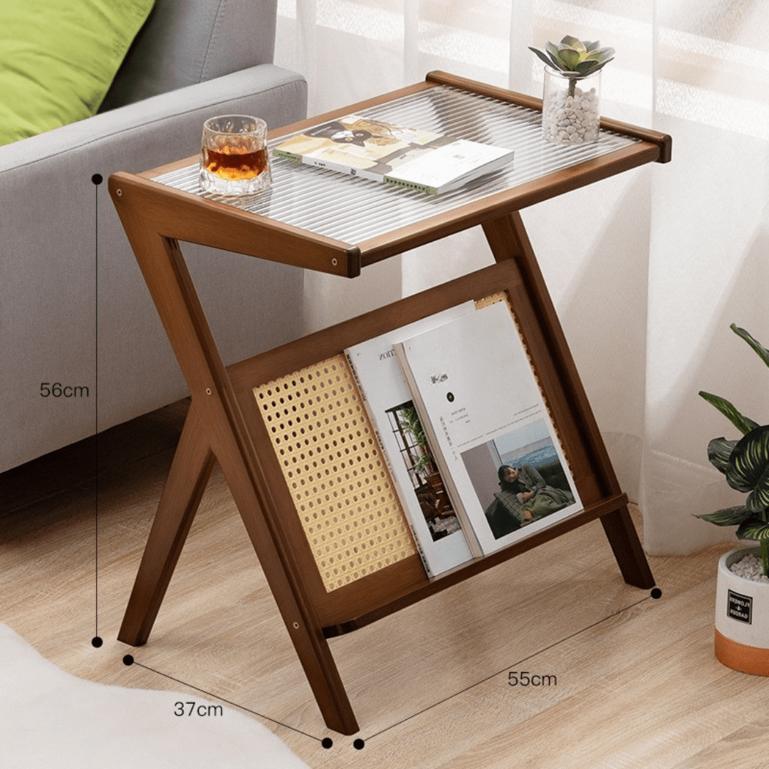 Modern Bamboo Side Table with Glass & Storage Shelf (Brown-55cm)