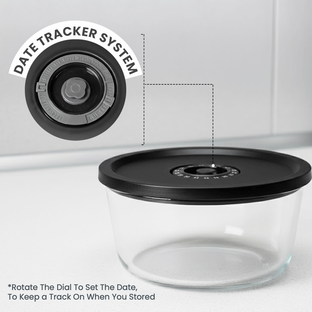 Round Vacuum Glass Storage Container with Date Tracker Lid(850ml)