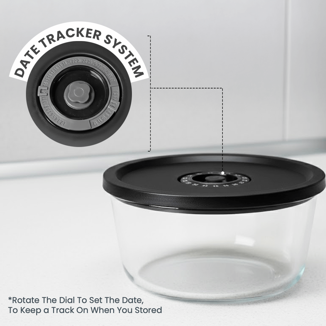 Round Vacuum Glass Storage Container with Date Tracker Lid(850ml)