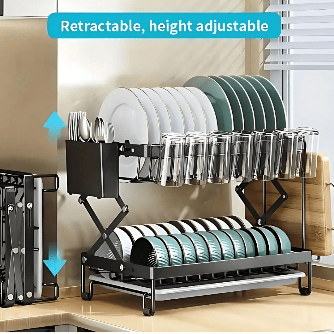 Multifunctional Foldable Carbon Steel Double-Layer Dish Drying Rack (40cm)