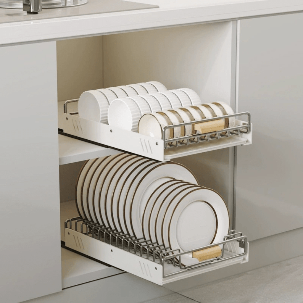 Space-Saving Stainless Steel Pull Out Dish & Bowl Rack with Drip Tray