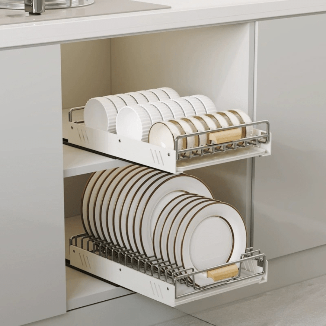 Space-Saving Stainless Steel Pull Out Dish & Bowl Rack with Drip Tray