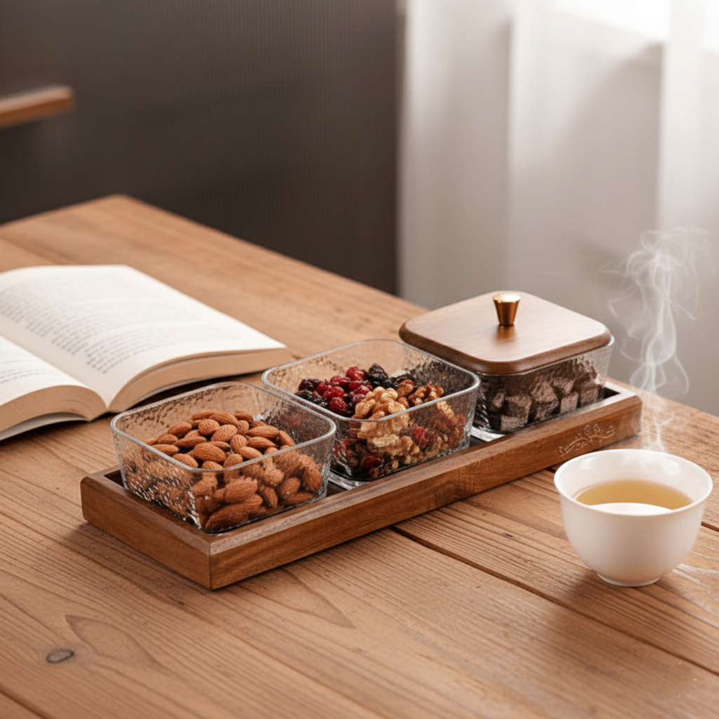Multi-Compartment High-Borosilicate Glass Fruit and Nut Serving Tray Set