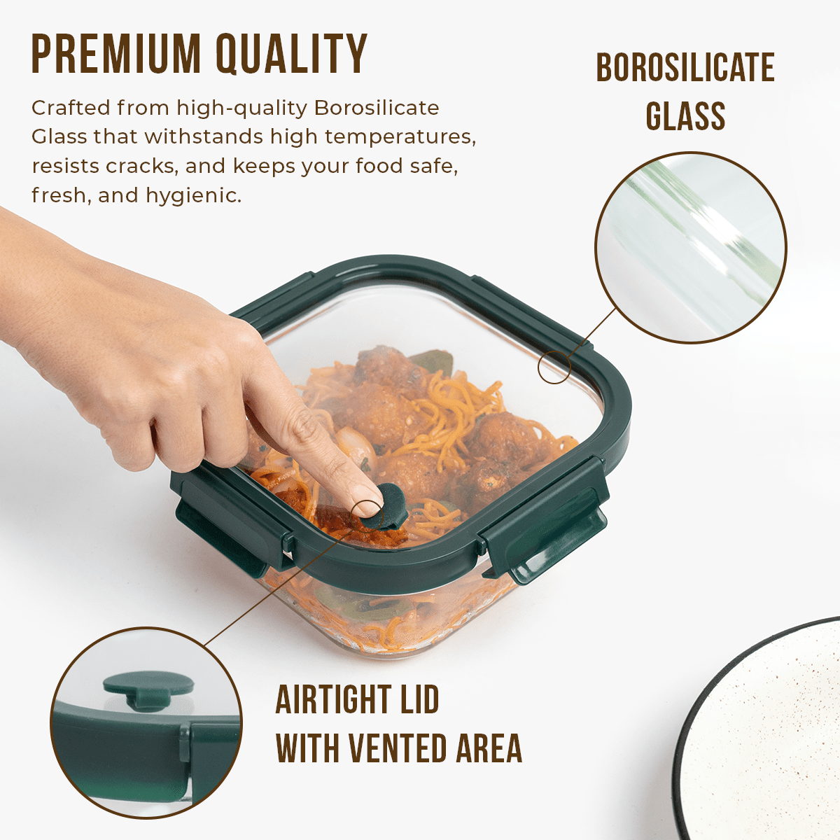 Square Borosilicate Glass Container with Vented Glass Lid (1100ML)