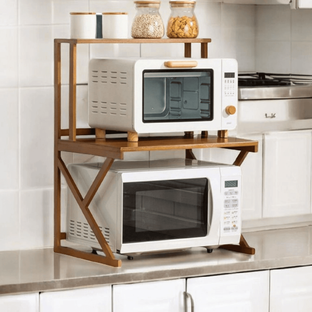 Multi-Tier Bamboo Microwave Oven Rack with Storage Hooks (53cm)