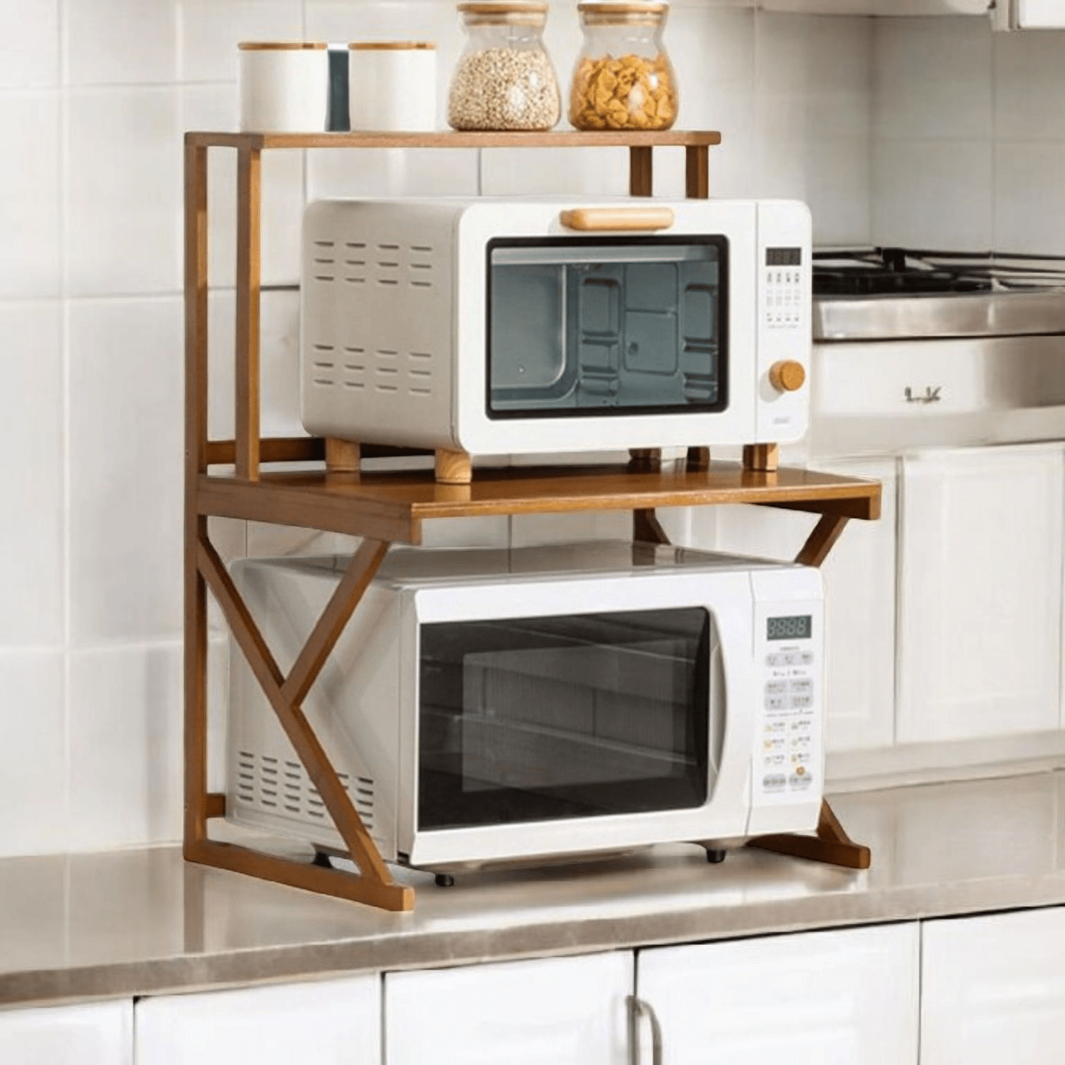 Multi-Tier Bamboo Microwave Oven Rack with Storage Hooks (53cm)