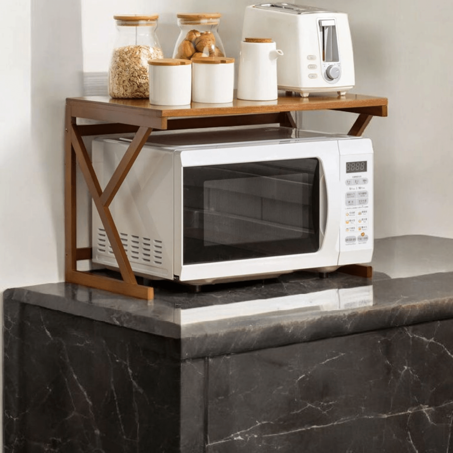 Multi-Tier Bamboo Microwave Oven Rack with Storage Hooks (53cm)