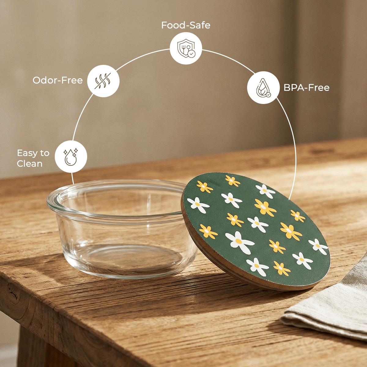 Round Borosilicate Glass Food Container with Printed Lid(650ml)