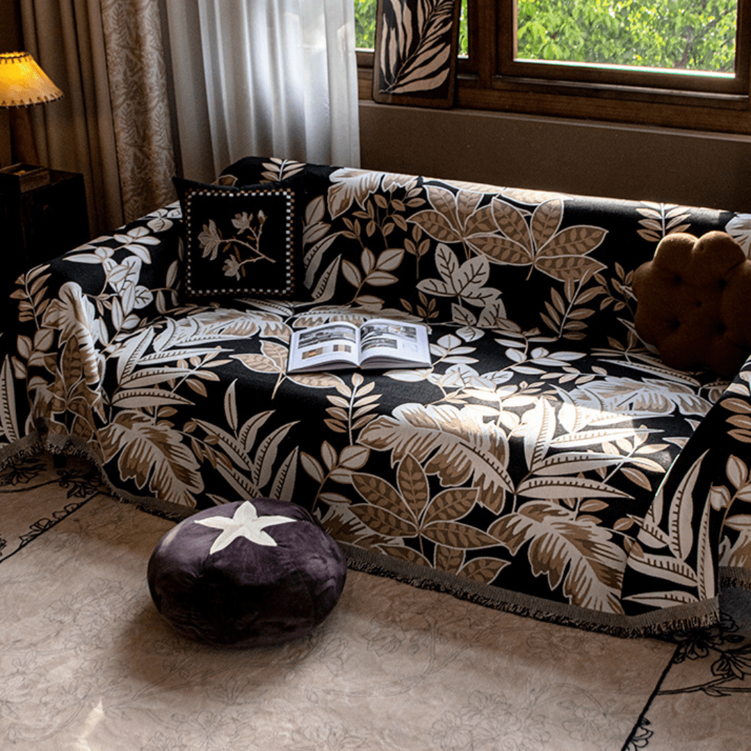 Leaf Print Beige Elegance Chenille Sofa Cover