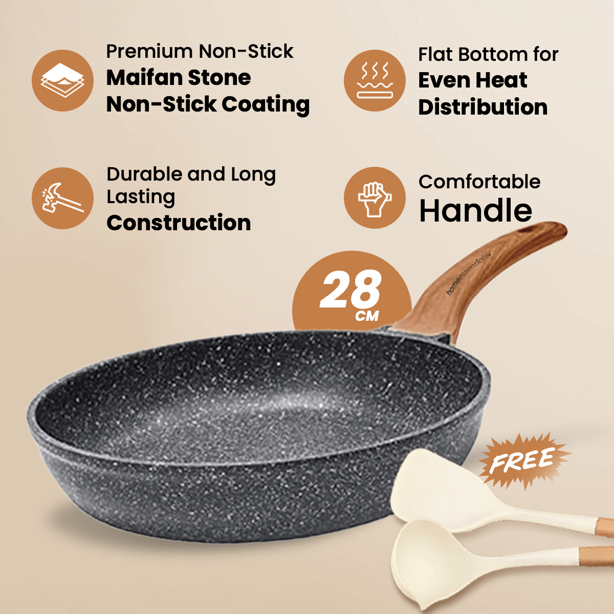 Maifan Stone Non-Stick Flat Bottom Frying Pan (Black-28cm)