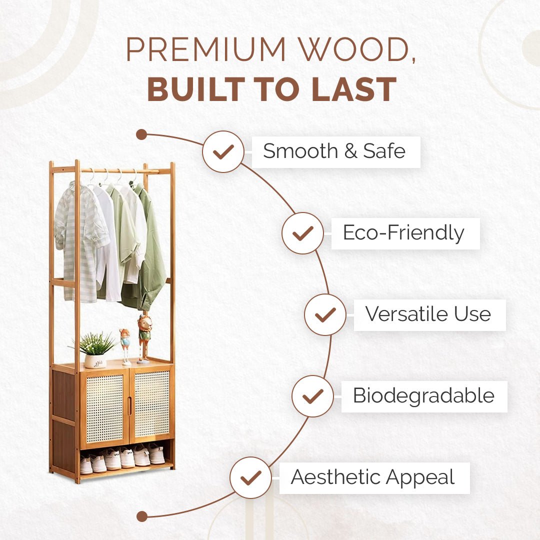 Multi-Functional Bamboo Clothing Rack with Shelves and Hanging Rod (110cm)