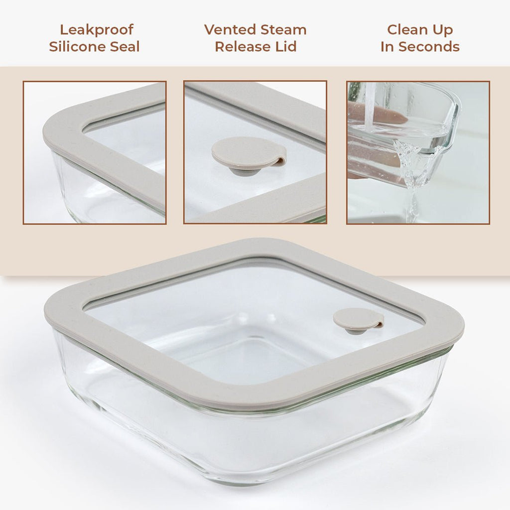 Square Borosilicate Glass Food Container with Vented Lid(1170ml)