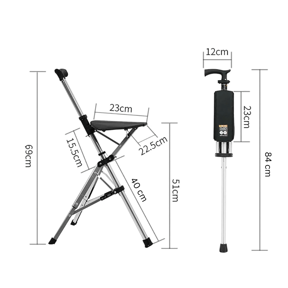 Portable Aluminum Alloy Outdoor Travel Walking Cane with Folding Triangular Seat (82cm)