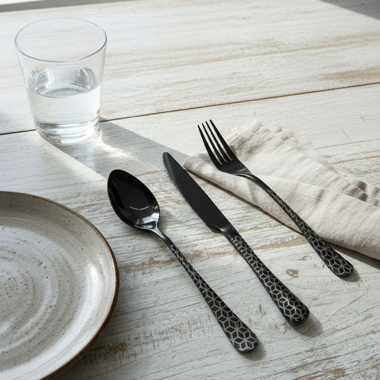 Modern Classic Black Geometric Stainless Steel Flatware Set of 3