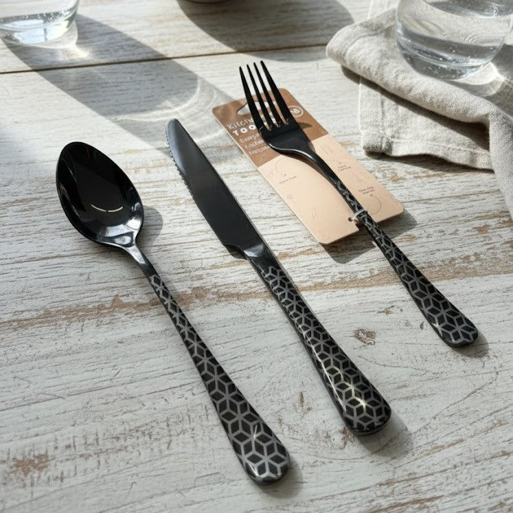 Modern Classic Black Geometric Stainless Steel Flatware Set of 3