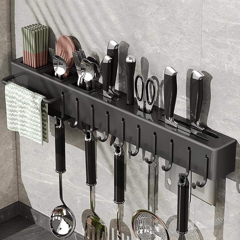 Multi-Functional Wall Mounted Stainless Steel Kitchen Organizer with Hooks(60cm)