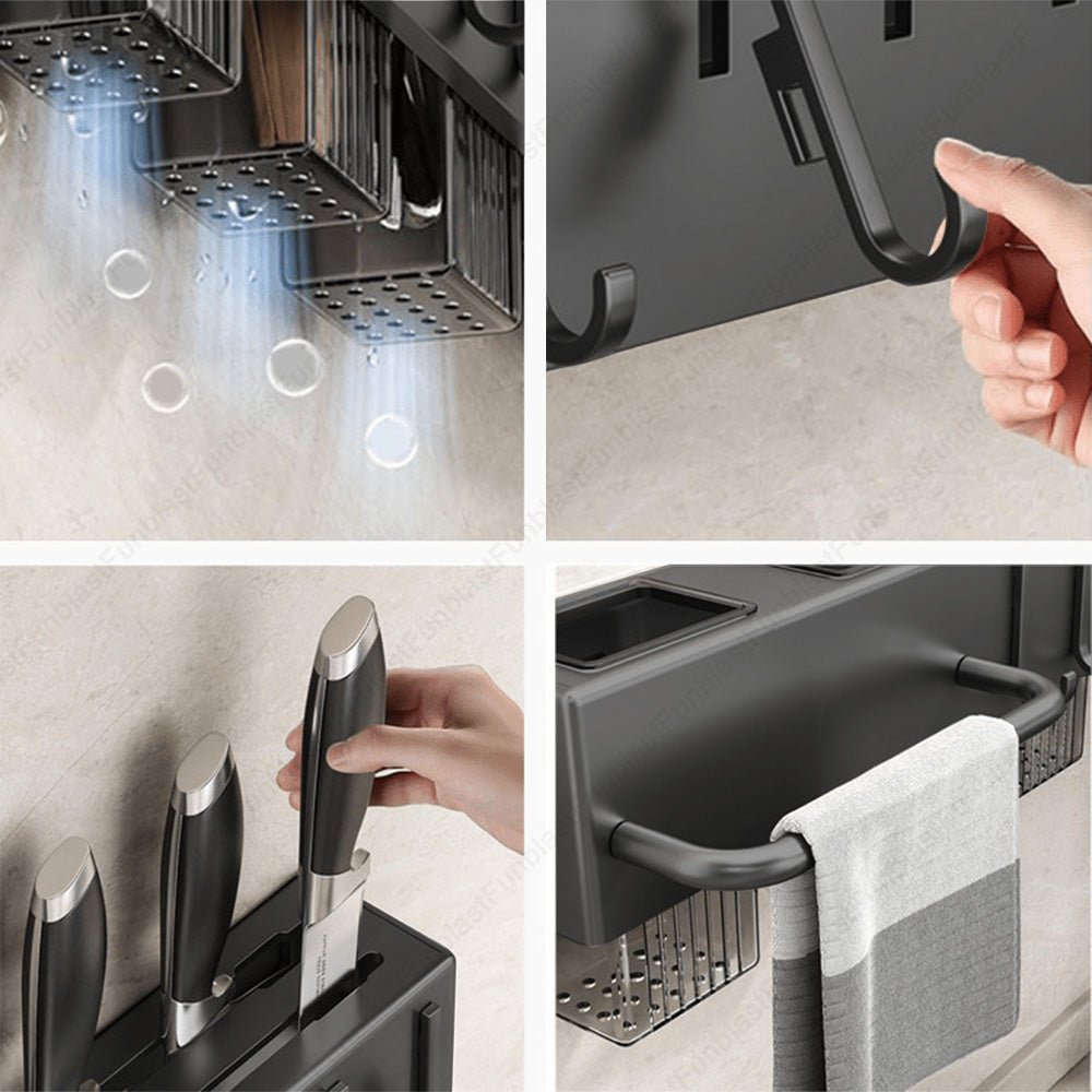Multi-Functional Wall Mounted Stainless Steel Kitchen Organizer with Hooks(60cm)